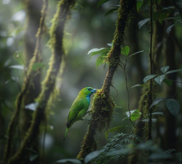 African Green Broadbill feeding on mossy vines in Bwindi Forest Uganda