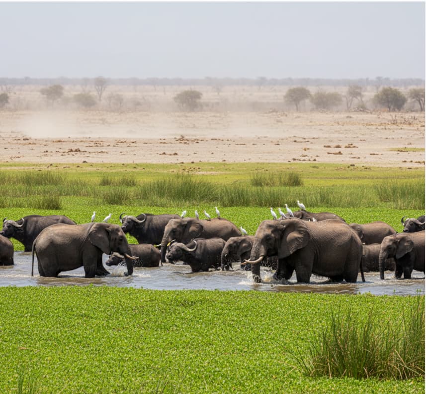 Elephants and buffaloes navigating the permanent swamps of Amboseli National Park, which are fed by the melting glaciers of Mount Kilimanjaro.
