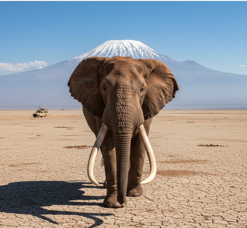 An African elephant bull with Mount Kilimanjaro in the background at Amboseli National Park, one of Africa's most iconic photographic scenes.