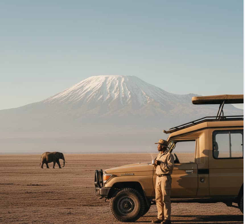 A safari guide enjoying a morning coffee break during an Amboseli game drive with Mount Kilimanjaro and elephants in the background.