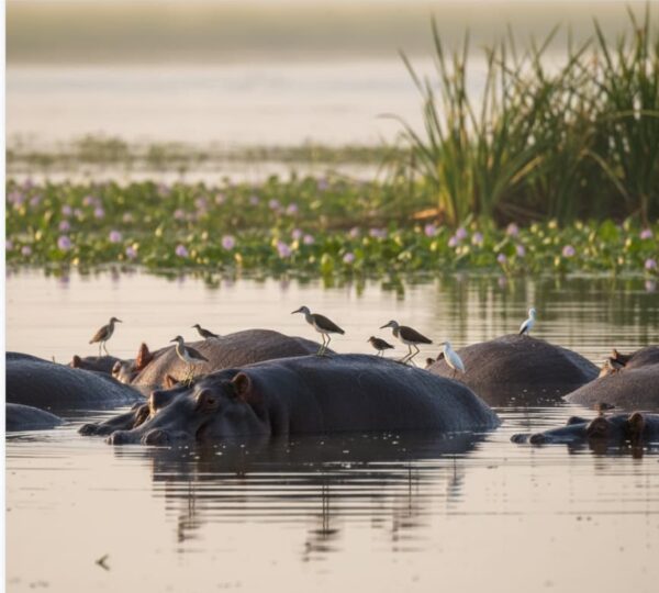 African Jacana and other small waterbirds perching on hippos in Lake Naivasha, Kenya – birdwatching safari