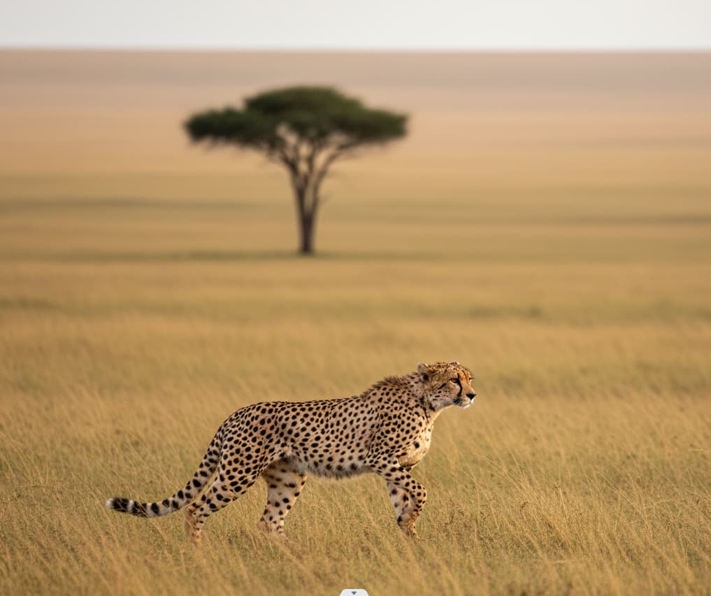A cheetah prowling the endless plains of the Serengeti National Park, illustrating the high concentration of predators in the migration path.