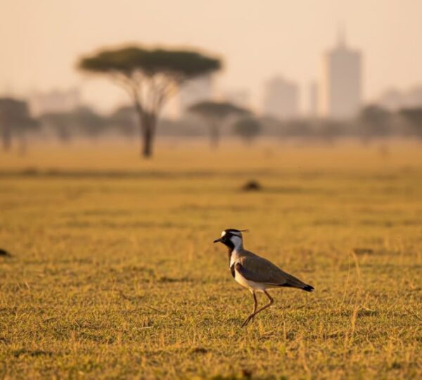 Crowned Lapwing walking across open grassland in Nairobi National Park, Kenya – birdwatching safari, wildlife photography, and Kenyan savannah ecosystem scene