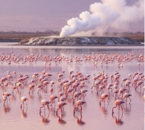 Greater and Lesser Flamingos wading and feeding in pink-hued alkaline waters of Lake Bogoria, Kenya – wetland birds, birdwatching safari, wildlife photography, and scenic geothermal landscape.