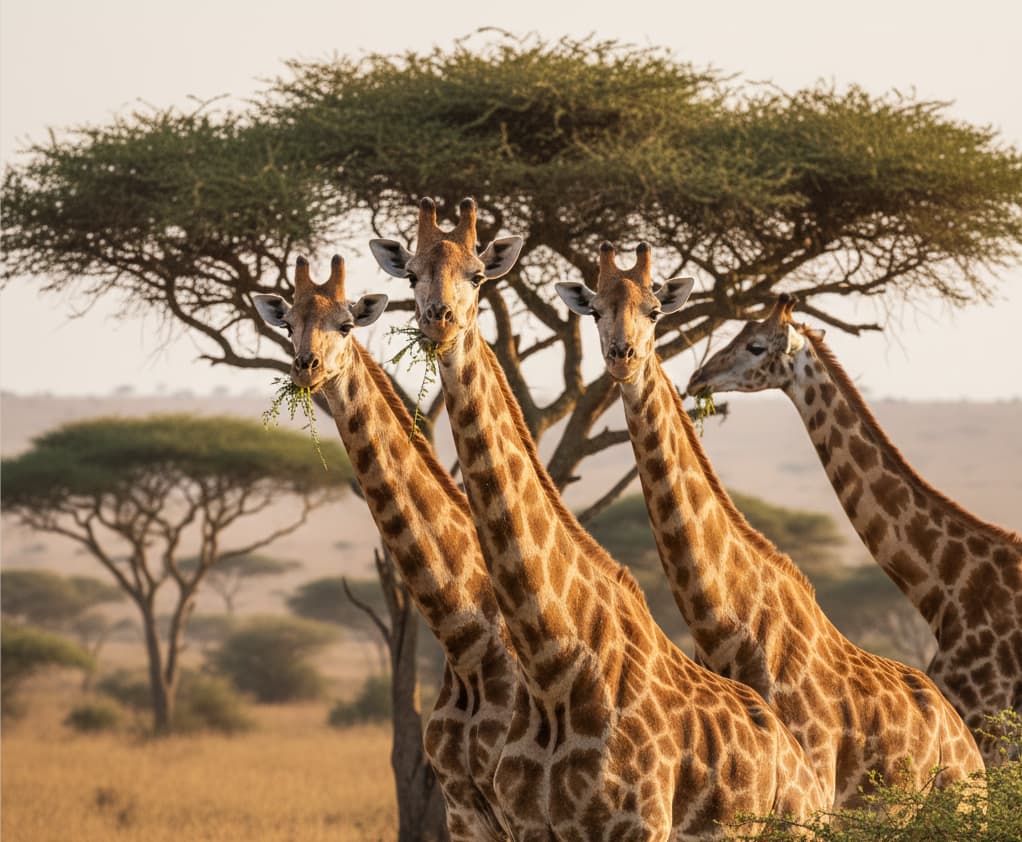 A journey of giraffes grazing in the Masai Mara National Reserve, highlighting the diverse wildlife found in the Mara-Serengeti ecosystem.