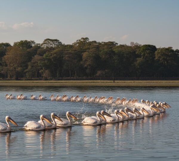 Great White Pelicans cooperatively fishing on Lake Nakuru in Kenya