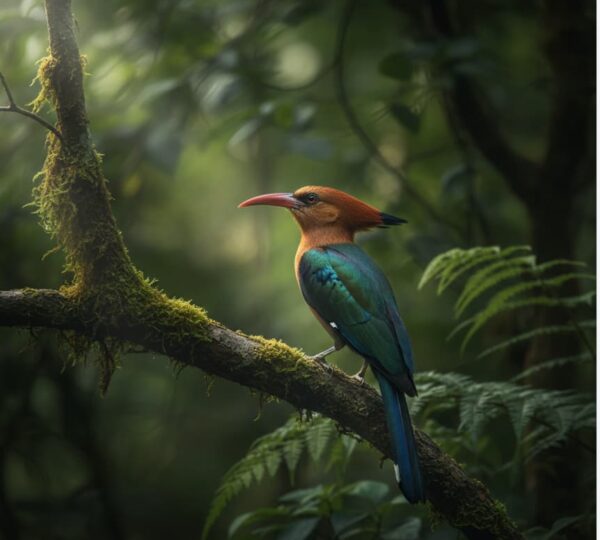 Green Wood Hoopoe perched on mossy branch in Kakamega Forest, Kenya – rainforest birdwatching safari