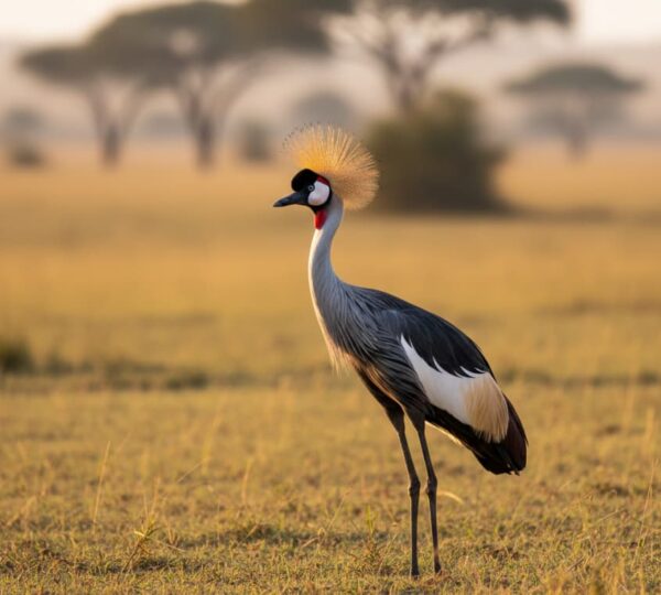 Grey Crowned Crane with golden crown standing in Serengeti grasslands, Tanzania