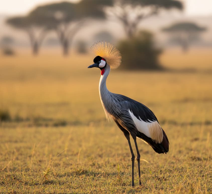 Grey Crowned Crane with golden crown standing in Serengeti grasslands, Tanzania