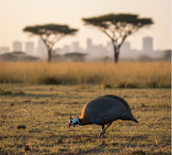 Helmeted Guineafowl foraging on grassy woodland floor in Nairobi National Park, Kenya – birdwatching safari, wildlife photography, and savannah-bush ecosystem view