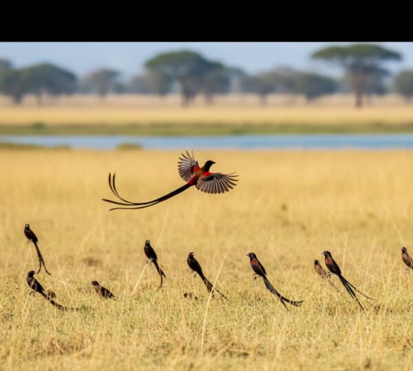 Male Jackson’s Widowbird performing a courtship display at Lake Nakuru