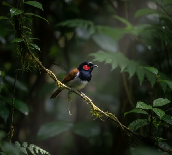 Jameson’s Wattle-eye sitting on a vine in Mabira Forest Uganda