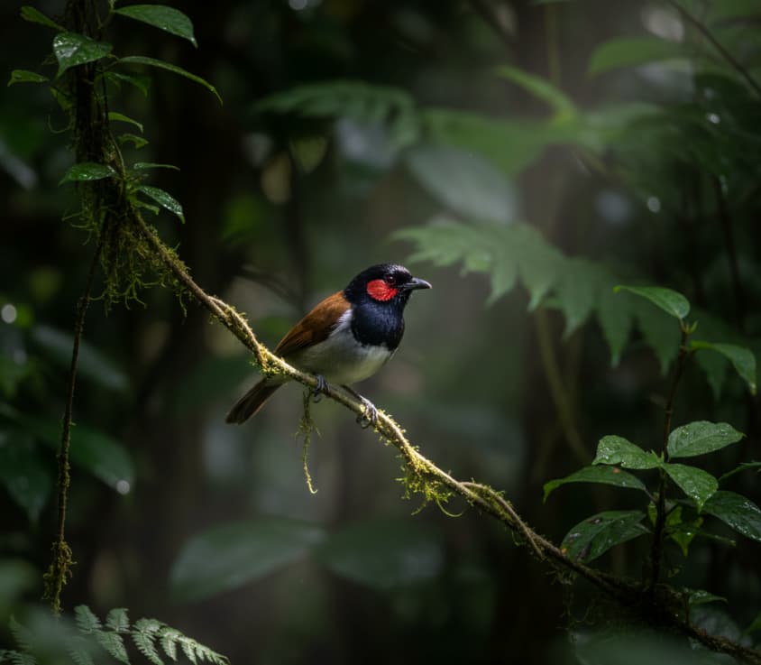 Jameson’s Wattle-eye sitting on a vine in Mabira Forest Uganda