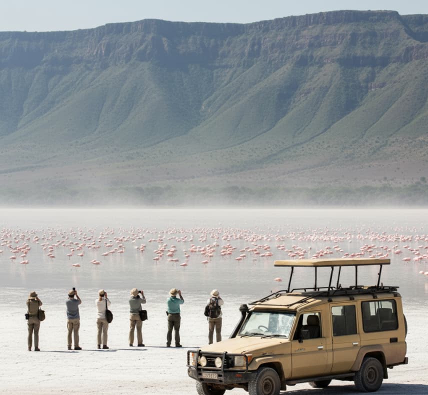 A wide panoramic view of the flamingo-filled shores of Lake Manyara, showcasing the alkaline lake ecosystem at the base of the Great Rift Valley in Tanzania.