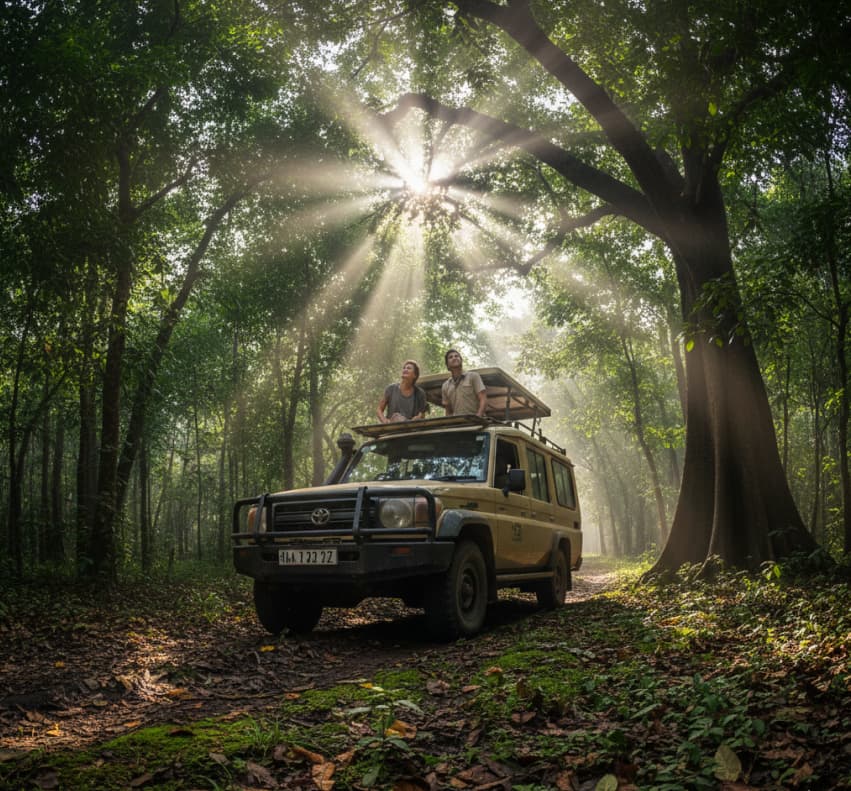Travelers searching for tree-climbing lions in the lush groundwater forest of Lake Manyara National Park, Tanzania.