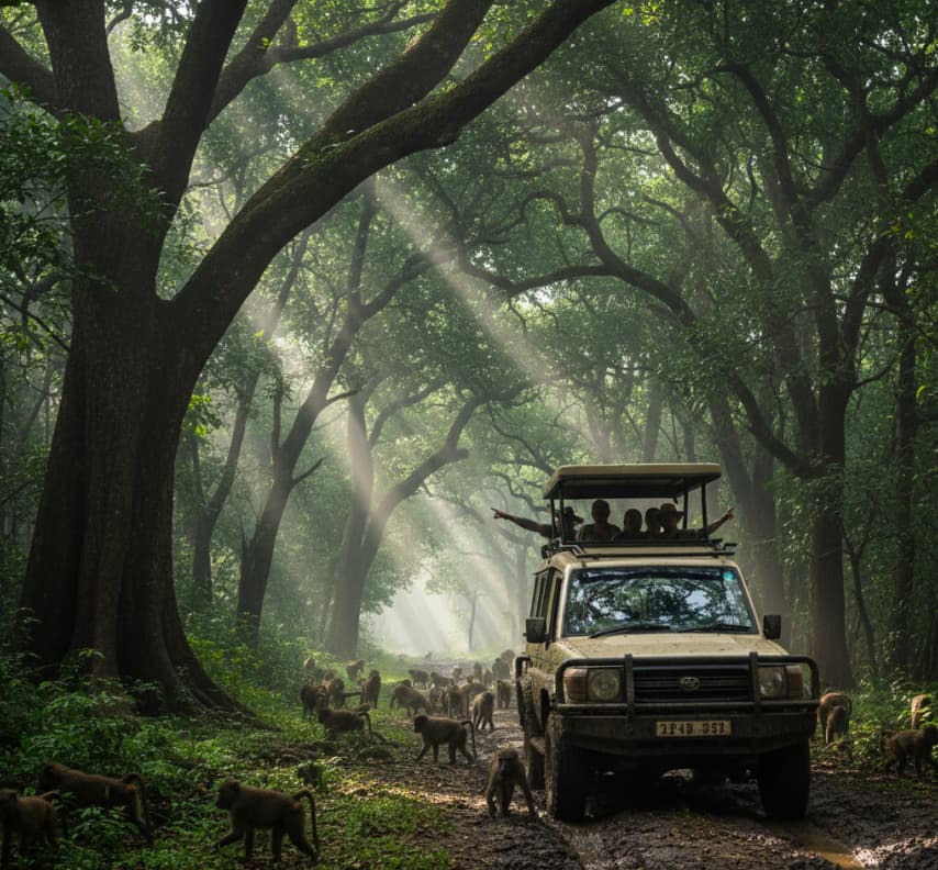 A safari vehicle exploring the lush groundwater forest of Lake Manyara National Park, home to baboons and the park's famous tree-climbing lions.