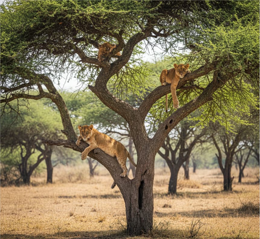 Tree-climbing lions resting in an acacia tree at Lake Manyara National Park, a behavior unique to this region of East Africa.
