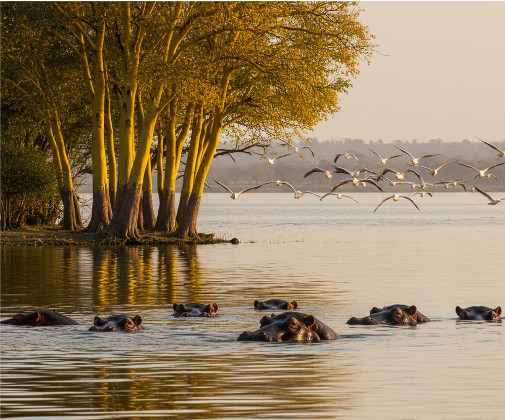  Lake Naivasha, hippos and water birds against the backdrop of the Great Rift Valley’s freshwater ecosystem.