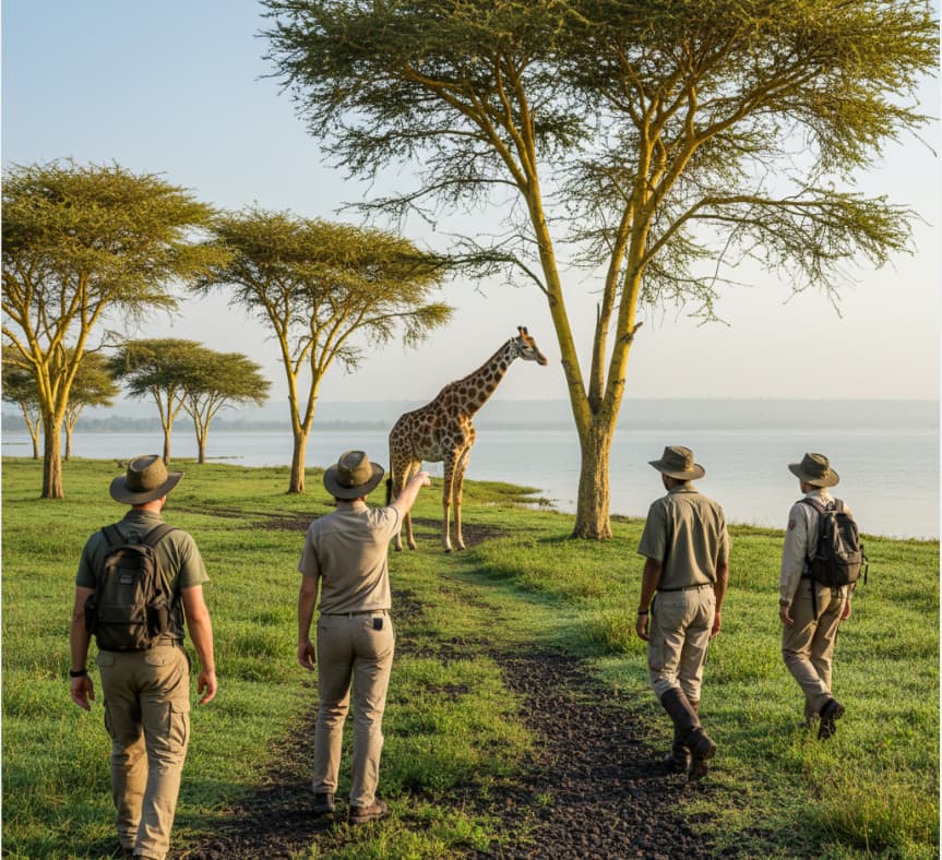 A guided walking safari on Lake Naivasha’s Crescent Island, where travelers can walk among giraffes and zebras in a vehicle-free, freshwater ecosystem.