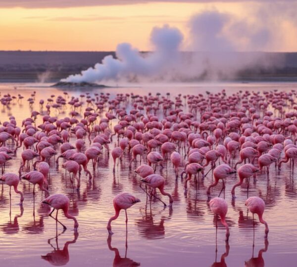 Lesser Flamingos feeding in the alkaline waters of Lake Bogoria, Kenya.