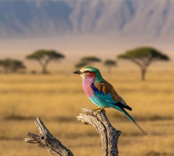 Lilac-breasted Roller perched on a branch in Ngorongoro Conservation Area, Tanzania