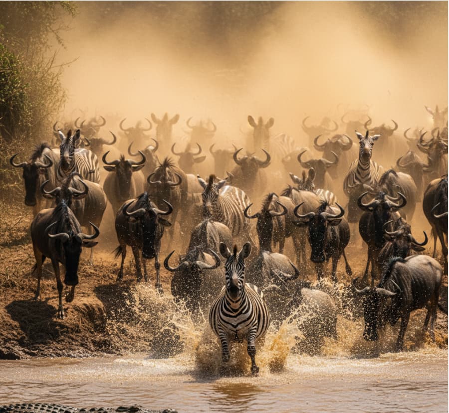 A dramatic Great Migration river crossing in the Masai Mara, featuring a mix of zebras and wildebeests , capturing the raw intensity of a Kenya wildlife tour.