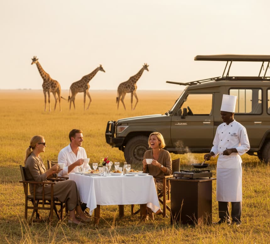 A luxury bush breakfast experience in the Masai Mara, combining gourmet outdoor dining with the scenic beauty and wildlife of the Kenyan plains.
