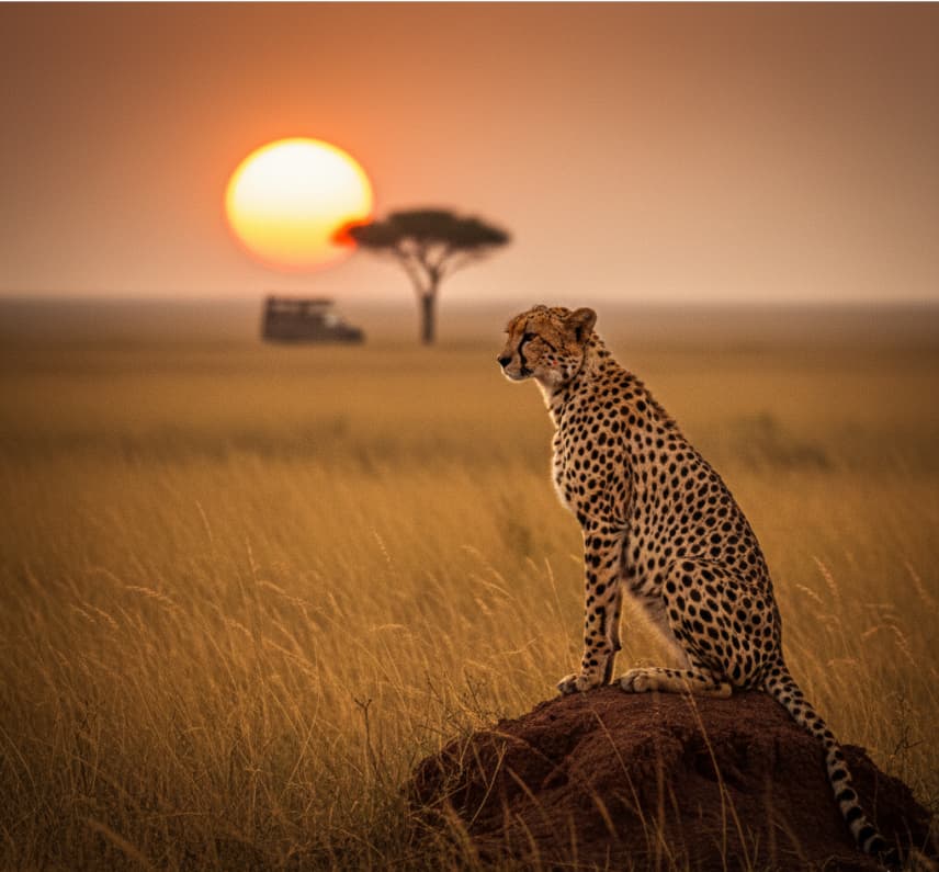 A cheetah perched on a termite mound as a safari vehicle approaches in the Masai Mara, a prime spot for predator photography.