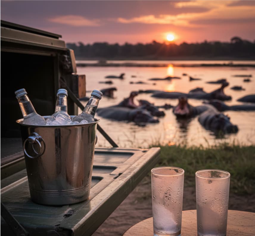 Enjoying a traditional safari sundowner by a hippo pool in the Masai Mara, combining relaxation with the sights and sounds of the Kenyan wilderness.