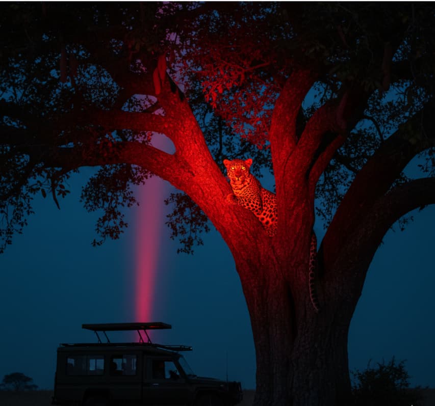 An evening game drive in the Masai Mara using specialized red-filtered spotlights to spot elusive nocturnal predators like leopards without disturbing their natural behavior.