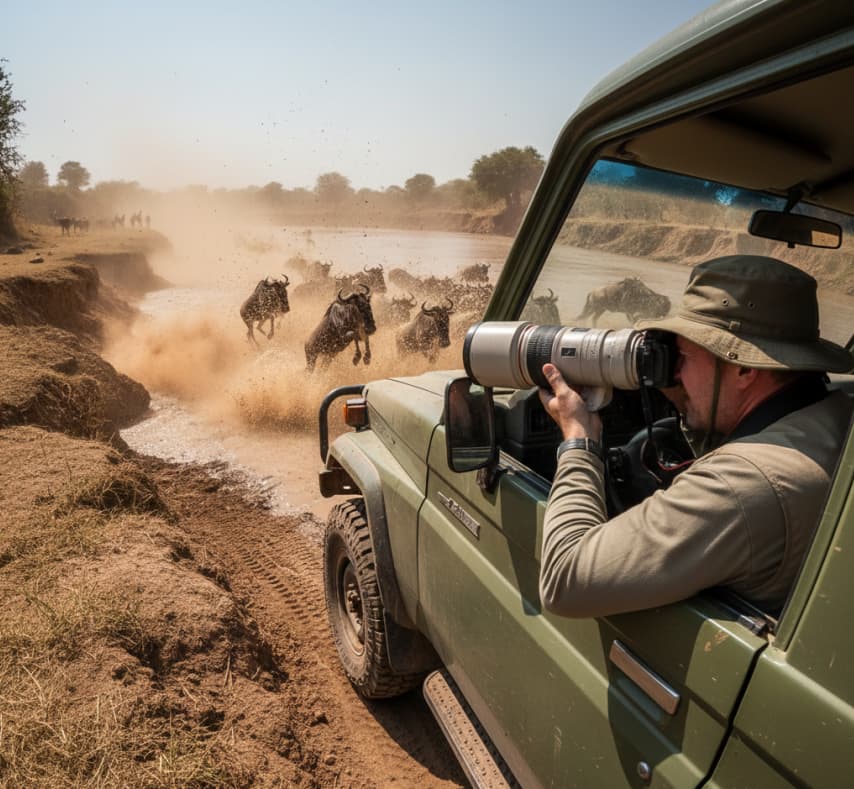A photographer in a safari vehicle capturing the Great Migration river crossing in Masai Mara, showing the authentic intensity of a Kenya wildlife tour.