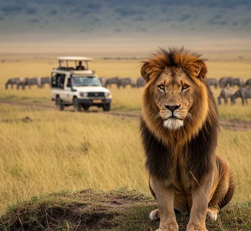 A majestic male lion in the Ngorongoro Crater, showcasing the reliable and high-density predator sightings within this unique volcanic caldera.