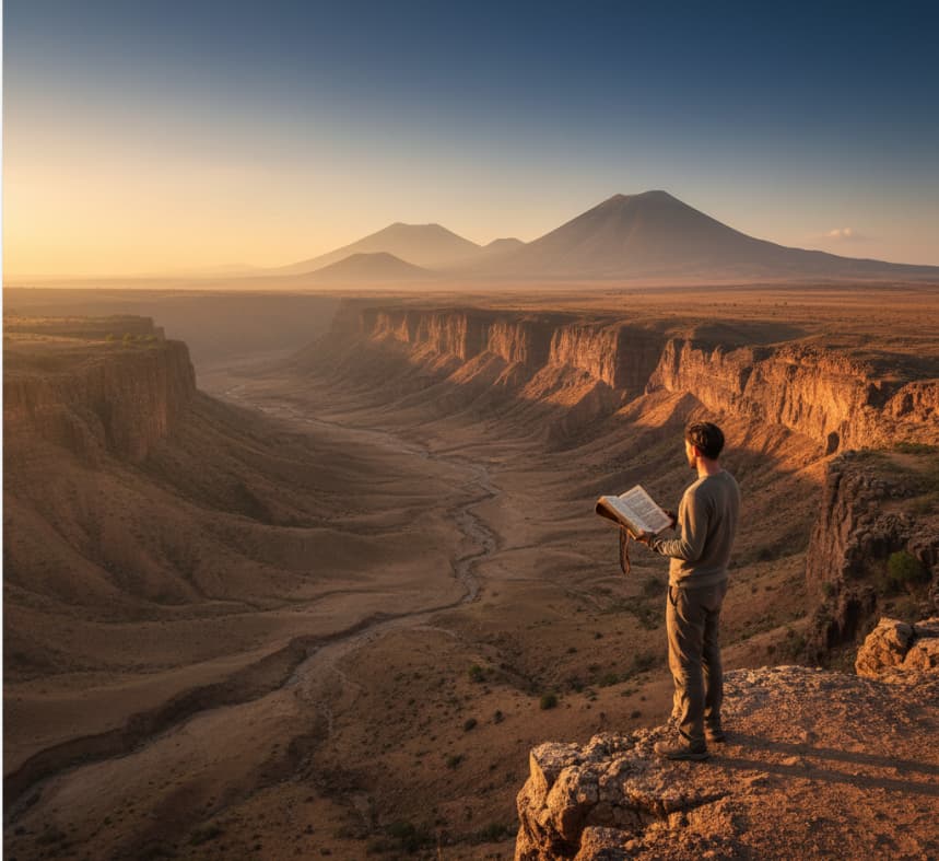 A traveler overlooking the historic Oldupai Gorge in the Ngorongoro Conservation Area, a UNESCO site world-famous for its human evolutionary history and archaeological significance.