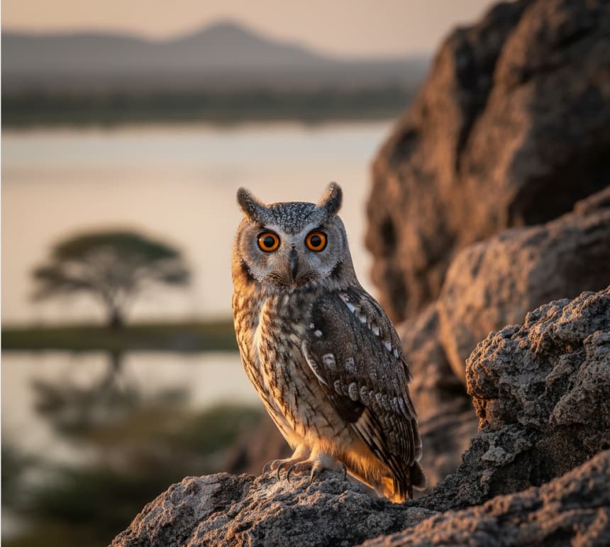 Northern White-faced Scops Owl perched on cliffs at Lake Baringo