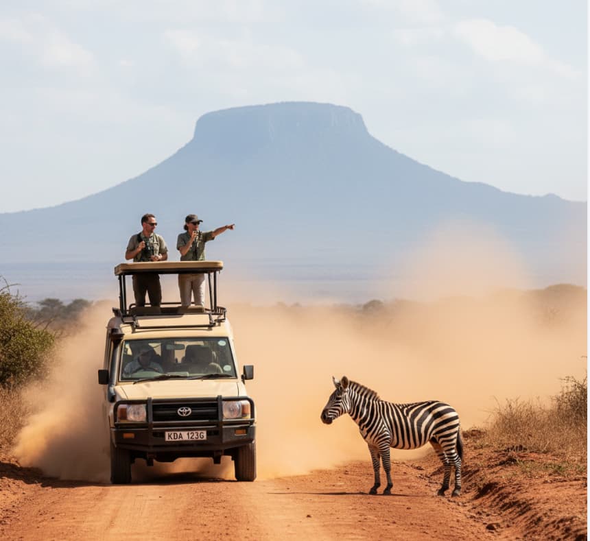A 4x4 safari vehicle navigating the dusty red trails of Samburu National Reserve, capturing the adventurous spirit of a northern Kenya game drive.