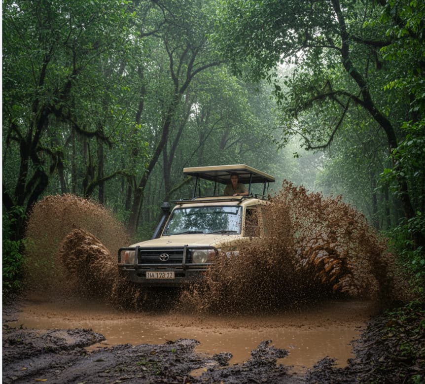 A safari 4x4 navigating the muddy forest tracks of Lake Manyara National Park during the green season in Tanzania.