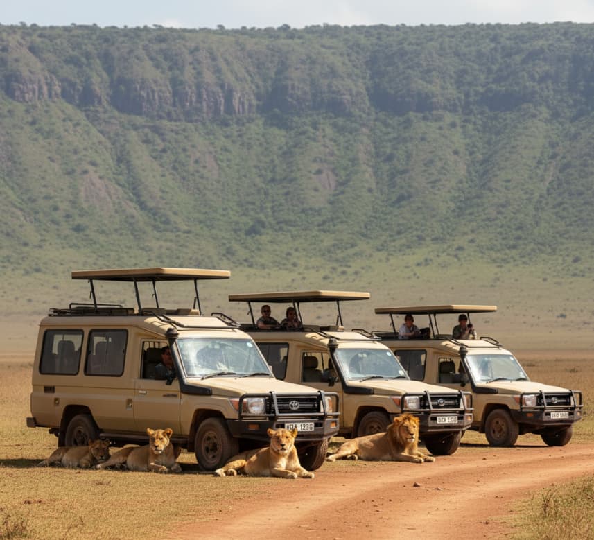 Safari vehicles observing lions on the floor of the Ngorongoro Crater, showcasing the density of wildlife in this UNESCO World Heritage site.