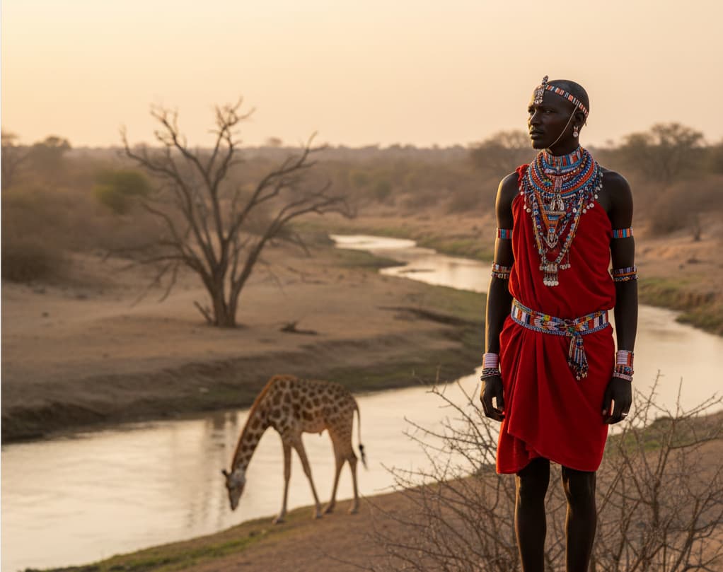A Samburu warrior overlooking the arid landscape of Samburu National Reserve, representing the deep cultural heritage and wildlife conservation in northern Kenya.