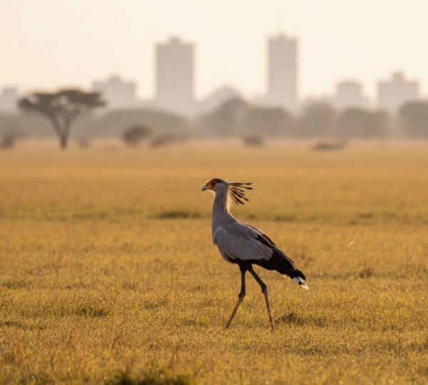 Secretary Bird walking through golden savannah in Nairobi National Park