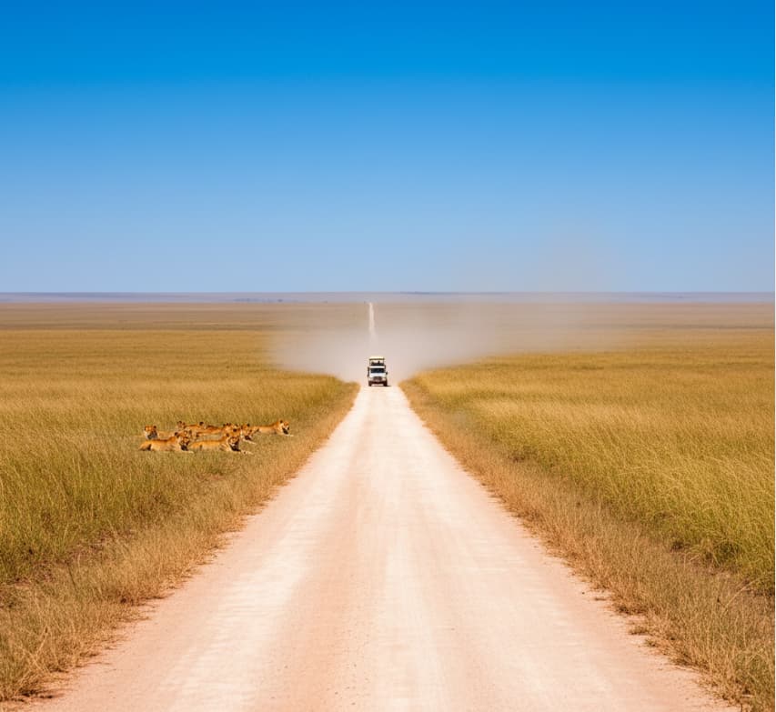 A safari vehicle traversing the vast, endless plains of the Serengeti National Park, illustrating the massive scale and predator density of the Tanzanian savannah.