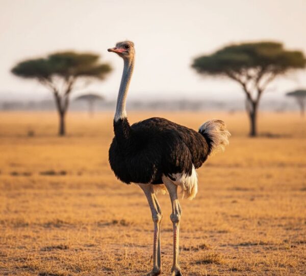 Somali Ostrich standing tall on sunlit savannah plains with acacia trees in Samburu National Reserve, Kenya – Kenya birdwatching safari