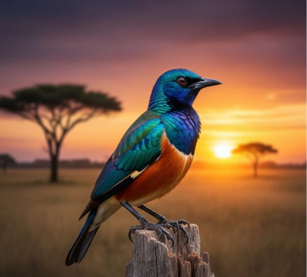 Superb Starling perched on rustic fence with golden savannah sunset in Masai Mara National Reserve, Kenya