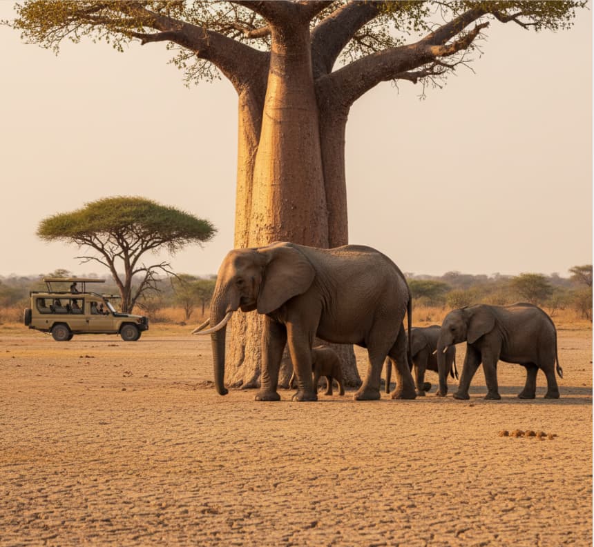 Giant baobab trees and large elephant herds in Tarangire National Park, showcasing the iconic scenery and high elephant concentration of northern Tanzania.