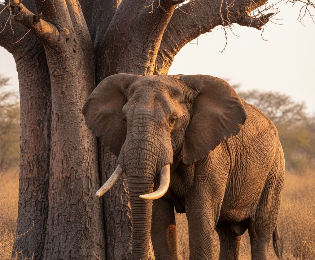 A majestic African elephant next to a giant baobab tree in Tarangire National Park, showcasing the park's famous dry-season wildlife density.