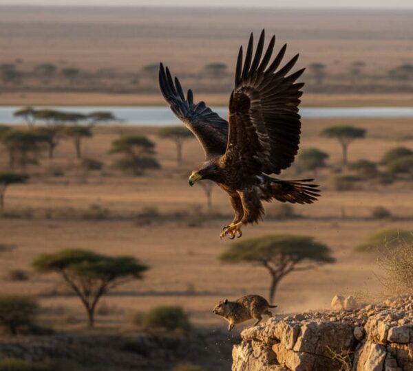 Verreaux’s Eagle diving to hunt over the Lake Baringo escarpment.