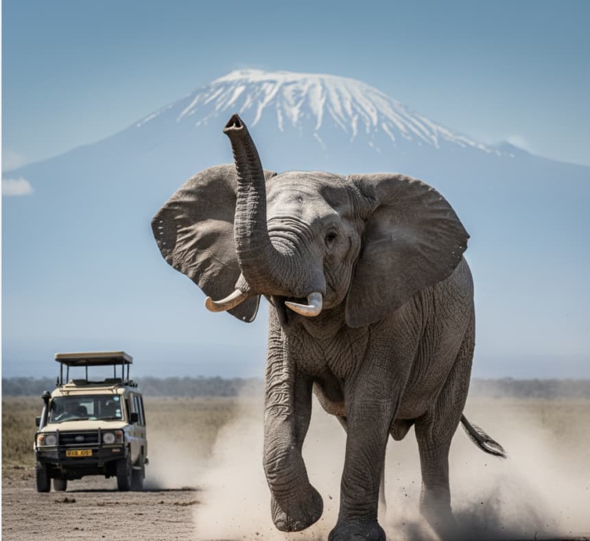 10 Days: Queen Elizabeth – Bwindi – Amboseli – Nakuru – Masai Mara Safari 4 An African bull elephant charging through white alkaline dust with Mount Kilimanjaro in the background, capturing the raw power of Amboseli wildlife encounters.