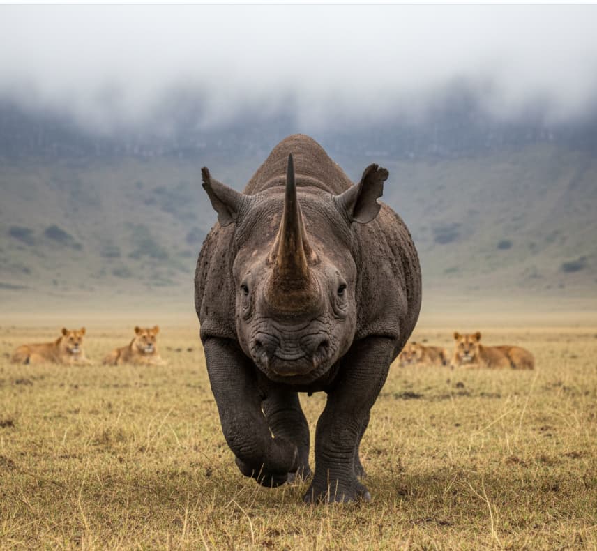 A rare encounter between a black rhino and lions on the floor of the Ngorongoro Crater, capturing the survival drama of Tanzania’s volcanic caldera.