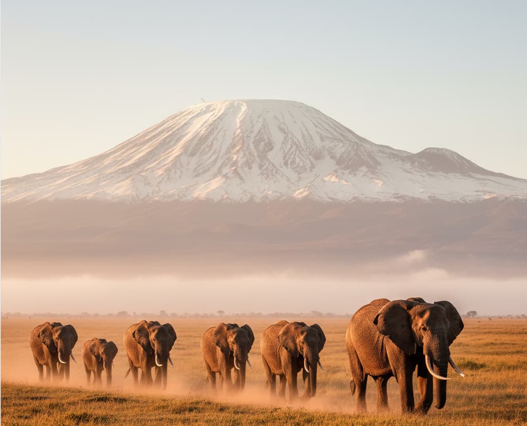 Elephant herd grazing in Amboseli National Park with Mount Kilimanjaro in the background during the Amboseli Safari