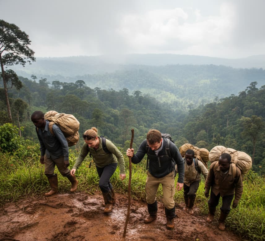 Travelers navigating the steep and muddy terrain of Bwindi Impenetrable National Park during a guided gorilla trek, highlighting the authentic adventure of a Ugandan safari.
