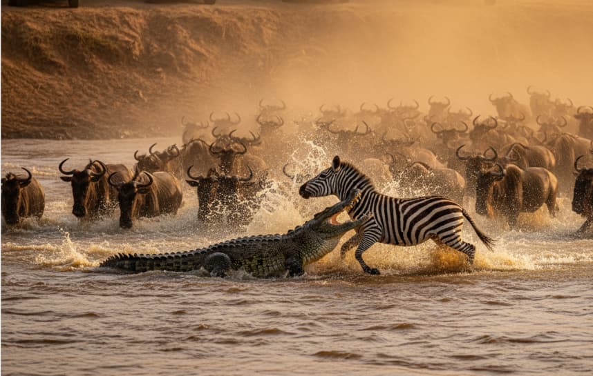 10 Days: Queen Elizabeth – Bwindi – Amboseli – Nakuru – Masai Mara Safari 3 A Nile crocodile attacking a zebra during a Great Migration river crossing in the Masai Mara, witnessed by travelers in safari vehicles during a Kenyan wildlife tour.